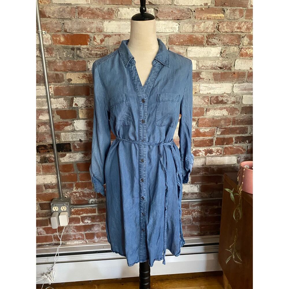 Style & Co Lyocell Denim Shirt Dress Medium Blue Button Front Roll Tab Sleeve